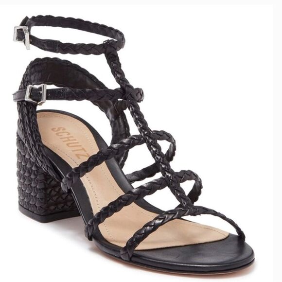 SCHUTZ Rosalia black strappy braided block heel sandal women’s shoe size 9 B - Picture 1 of 9